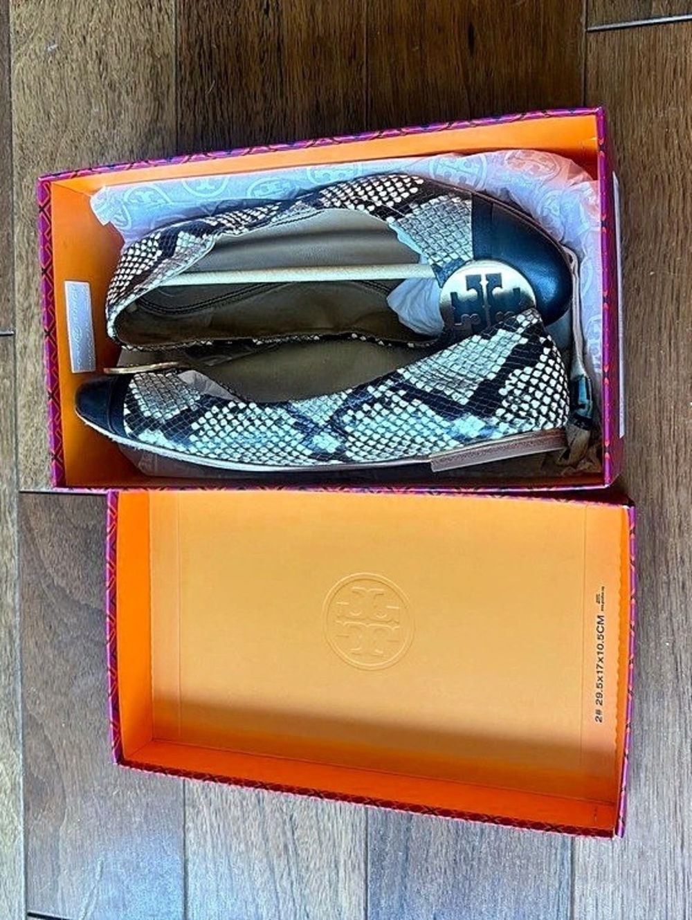 Tory Burch Minnie Cap-Toe Python Embossed Ballet Flats Black US 10